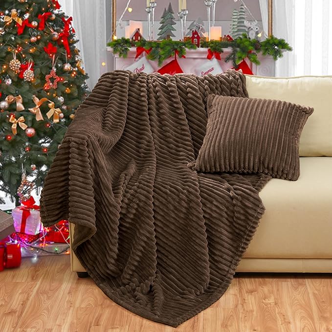 Bnuitland Brown Flannel Throw (50X71 inches) with Pillow Cover(18×18"),300GSM Super Soft Fleece Stripe Pattern Sofa Blanket, Lightweight Cozy Bed Throw for Home Decor All Season
