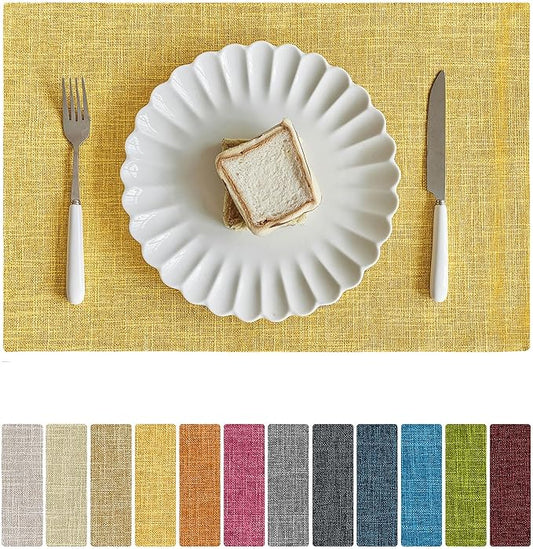 Softalker Faux Linen Placemats Set of 4-12 x 18 Inch, Heat Resistant Double Layered Durable Burlap Farmhouse Place Mats, Non-Slip Washable Rustic Table Mats for Dining, Kitchen, Party（Yellow