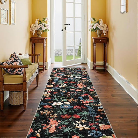 Floral Runner Rug 3x7 Washable Hallway Long Black Bedroom Carpet Non Slip Indoor Boho Kitchen Low Pile Accent Rug Lightweight Soft for Bathroom Dining Laundry Living Room