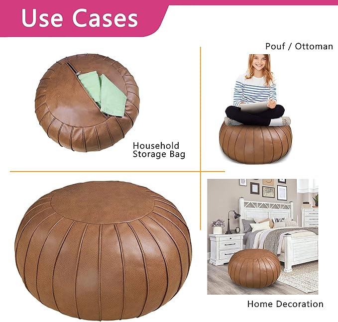 Thgonwid Handmade Storage Pouf Ottoman Foot Stool - Faux Suede Round Floor Cushion 21.6"x13" for Living Room, Bedroom, Wedding Decor, Unstuffed (Brown)