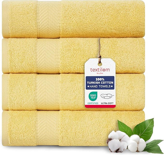 TEXTILOM Turkish Hand Towels for Bathroom – Hotel and Spa Quality & Soft & Absorbent & Quick Dry Bathroom Hand Towels – 100% Cotton Turkish Handtowel Set of 4 (16 x 28 inches) - Yellow
