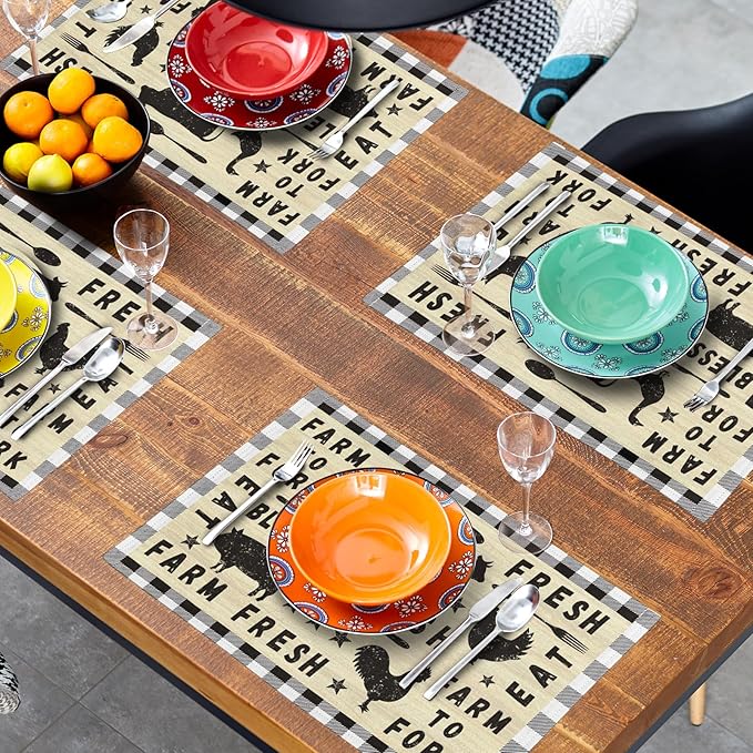 Farm Animal Cow Table Mat Set of 4，Farmhouse Chicken Decor Buffalo Plaid Rectangular Linen Placemats with Non-Slip Kitchen Table Decor 12x18 Inch for Party Kitchen Dining