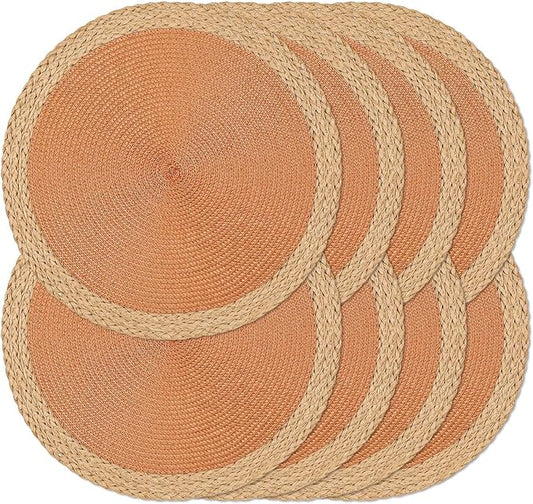 Noctiflorous Round Braided Placemats Set of 8 Table Mats 15 Inches Washable Heat Resistant for Dining Table Non-Slip Indoor Outdoor Place Mats for Thanksgiving Christmas Easter(Orange Wide Edge 8)