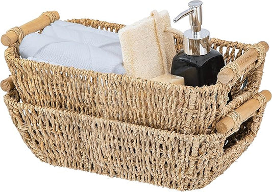 Artera Shallow Wicker Storage Basket - Medium Woven Seagrass Baskets with Wooden Handles for Bathroom, Kitchen Pantry Organizing, Perfect as Drawers, 15" x 10.6" x 5,3" (2, M)