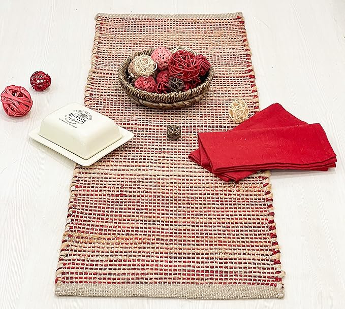 Chardin home Natural Jute Table Runner 13x36 Inch – Vintage Boho Rustic Table Decor – Handwoven Jute Table Runner in Natural and Red Charcoal – Farmhouse Dining or Console Table Accent