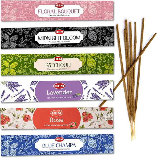 Hem Assorted Incense Sticks Variety 6 Incense Sticks Packs x 15 GMS-Aromatherapy Incense for Calm, Inscents Stick Gift Set, Perfect for Meditation and Relaxation (Hem Floral Series)