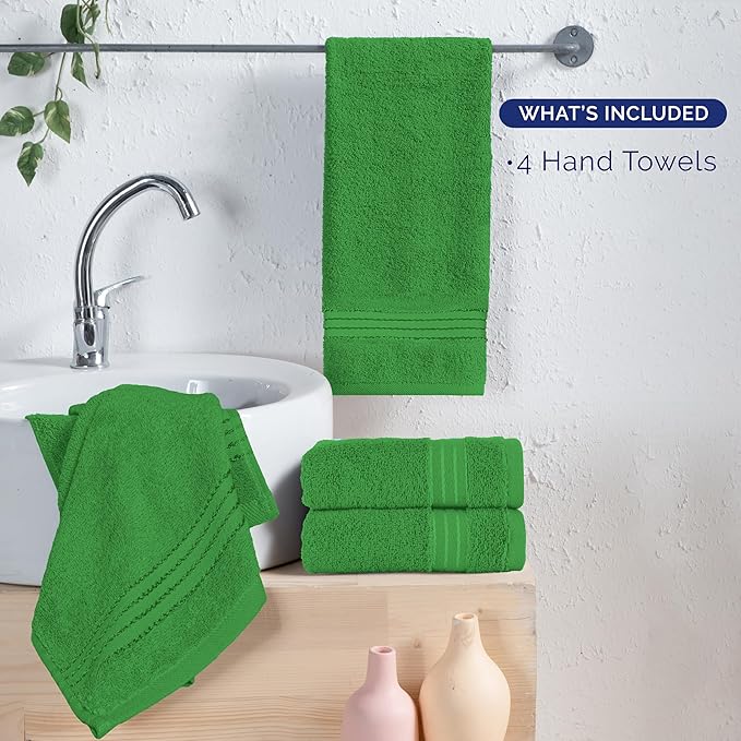 Elegant Comfort Premium Turkish Cotton 4 Pack Hand Towel Set - 16 x 28 inch, Luxurious Hotel Spa Quality 100% Turkish Cotton 4PC Hand Towel Set - Highly Absorbent - Soft Bathroom Towels, Emerald Green