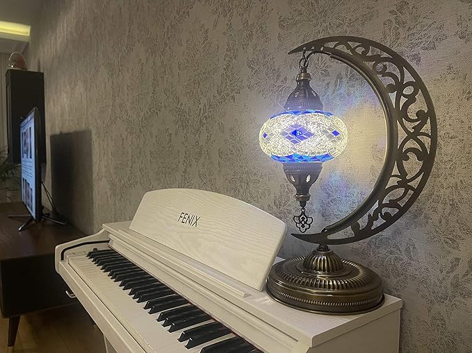 mozaist Turkish Lamp, Moon Shaped Mosaic Table Lamp, Tiffany Desk Bedside Stained Glass Lamp with US Plug and E12 Socket