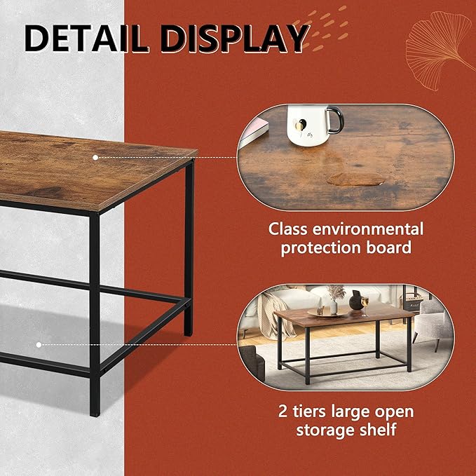 SENIG Small Brown Wood & Metal Rectangular Coffee Table, Modern Industrial Style, Rustic Accent for Living Room, 31.5 x 20 x 16