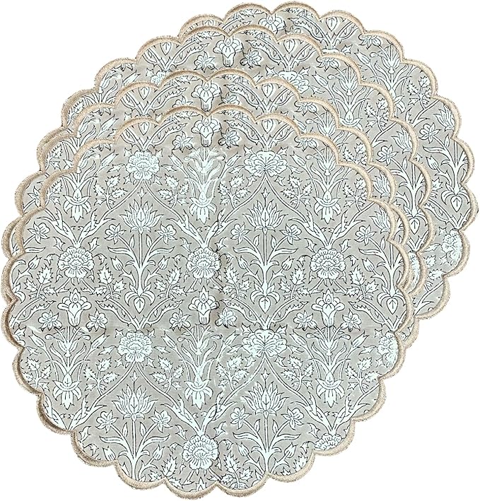 Ridhi Bo-ho Round Place Mat Easter Floral Cotton Washable Placemats 15" Round Embroidery Block Print Table Mat (Pack of 4-15 Inch Round, Taupe)