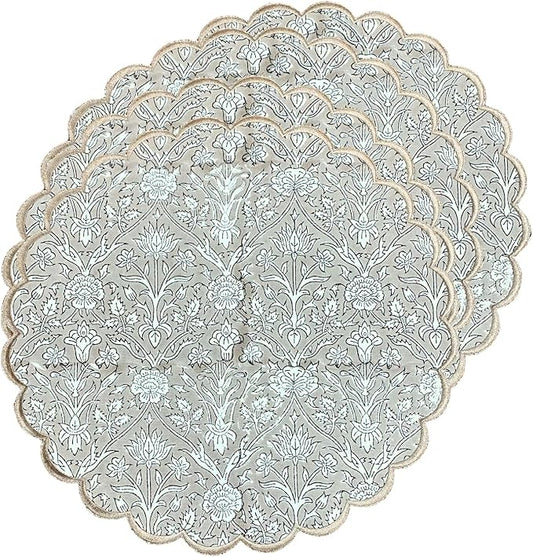 Ridhi Bo-ho Round Place Mat Easter Floral Cotton Washable Placemats 15" Round Embroidery Block Print Table Mat (Pack of 4-15 Inch Round, Taupe)