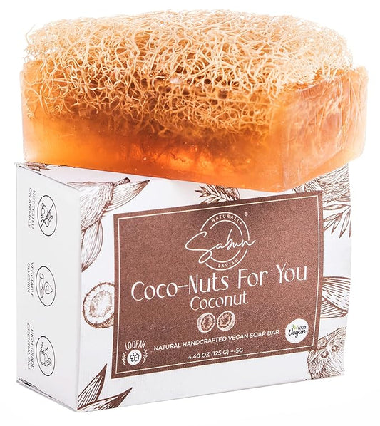 SABUN CO. Coconut Oil Loofah Soap - Natural Exfoliating Soap Bar for Face & Body Scrub - Moisturizing Soap for Softer Skin - Handmade with Coconut Oil, Jojoba Oil, Witch Hazel [4.40 oz - 125 gr]