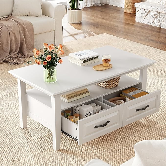 Marsail Farmhouse Coffee Table with Storage, 39.4" Wood Coffee Table for Living Room, Rustic Center Table with 2 Drawers, Open Display Area, White