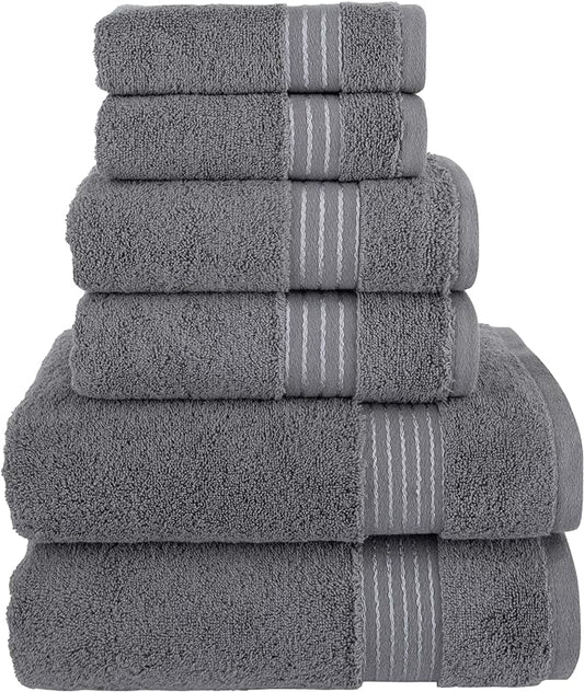 Elegant Comfort Premium Cotton 6-Piece Towel Set, Includes 2 Washcloths, 2 Hand Towels and 2 Bath Towels, 100% Turkish Cotton - Highly Absorbent and Super Soft Towels for Bathroom, Grey