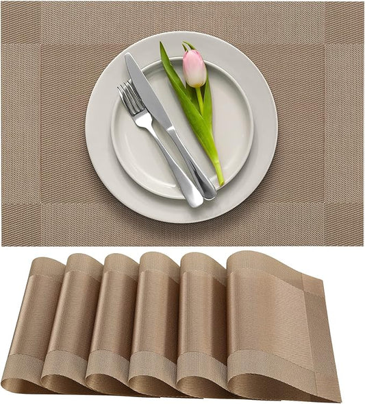 More Décor Dining Table Placemats, Washable Heat-Resistant PVC Vinyl Table Mats for Dining Room and Kitchen, Anti-Slip - Set of 6 - Light Brown