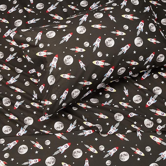 Amazon Basics Kid's Soft Easy-Wash Lightweight Microfiber 3-Piece Sheet Set, Toddler, Multi Colour, Space Rockets