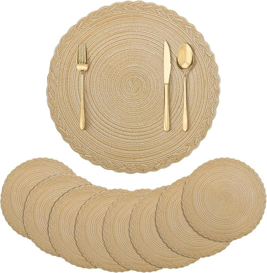 fanquare Round Braided Placemats Set of 8 Khaki Woven Placemats 15 Inch Lace Border Table Mats Round Burlap Placemats for Dining Table Wedding Party