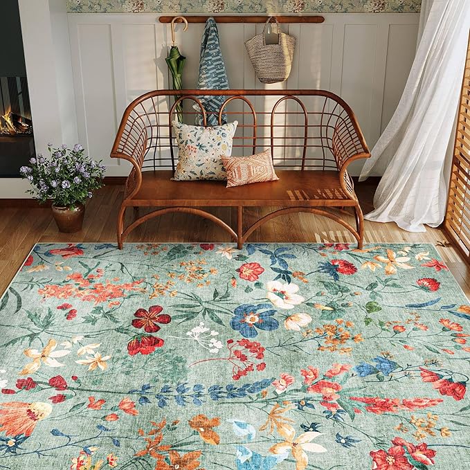 Green Area Rug 6x9 Floral Washable Living Room Kitchen Boho Carpet Non Slip Low Pile Indoor Accent Lightweight Soft Throw Rug for Bedroom Office Dining Room Nursery Farmhouse