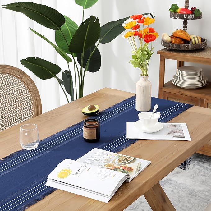 Chassic Farmhouse Style Table Runners, Rustic Boho 108 inches Long Table Runner for Dining Room,Holiday, Party and Wedding Tabletops Decor, 14 x 108 inch - Navy Blue
