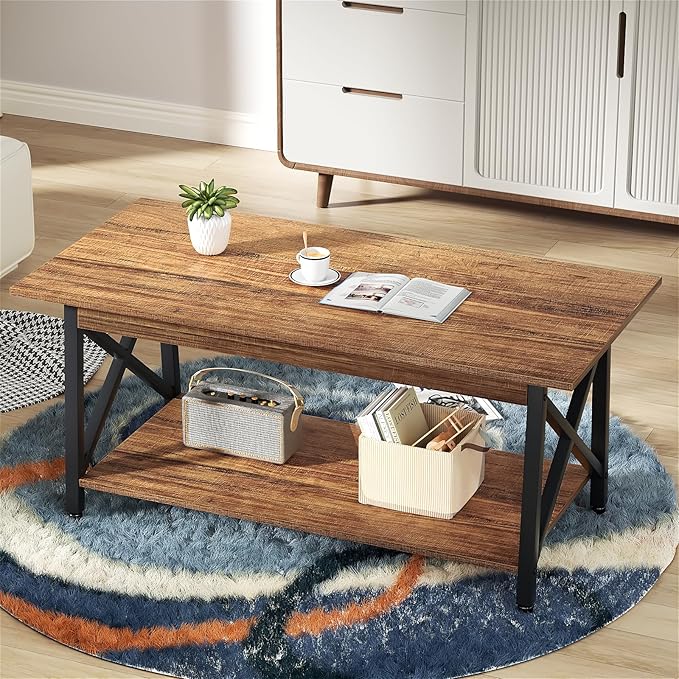 GreenForest Coffee Table with Storage, 43 inch Large Modern Coffee Tables for Living Room, X-Frame Design Farmhouse Coffee Table Space Saving Living Room Tables, Easy Assembly, Walnut