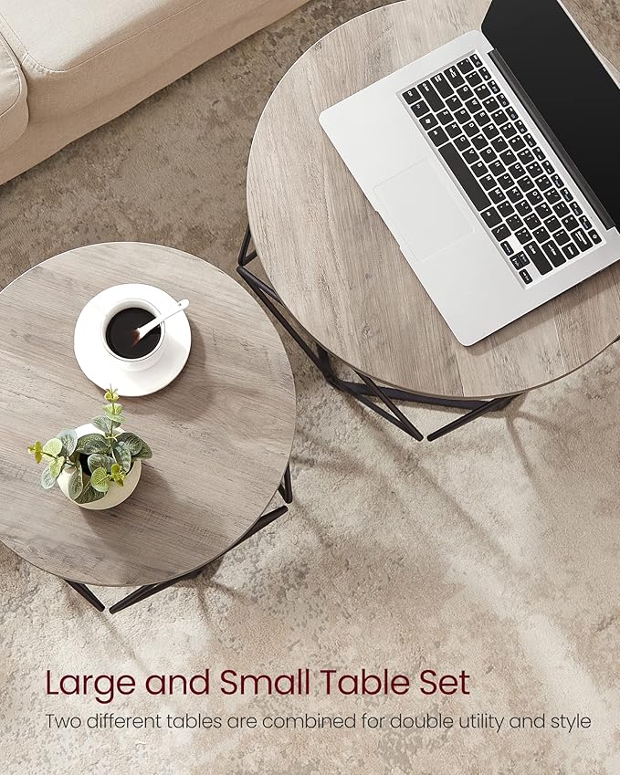 VASAGLE Small Coffee Table Set of 2, Round Coffee Table with Steel Frame, Side End Table for Living Room, Bedroom, Office, Greige and Ink Black