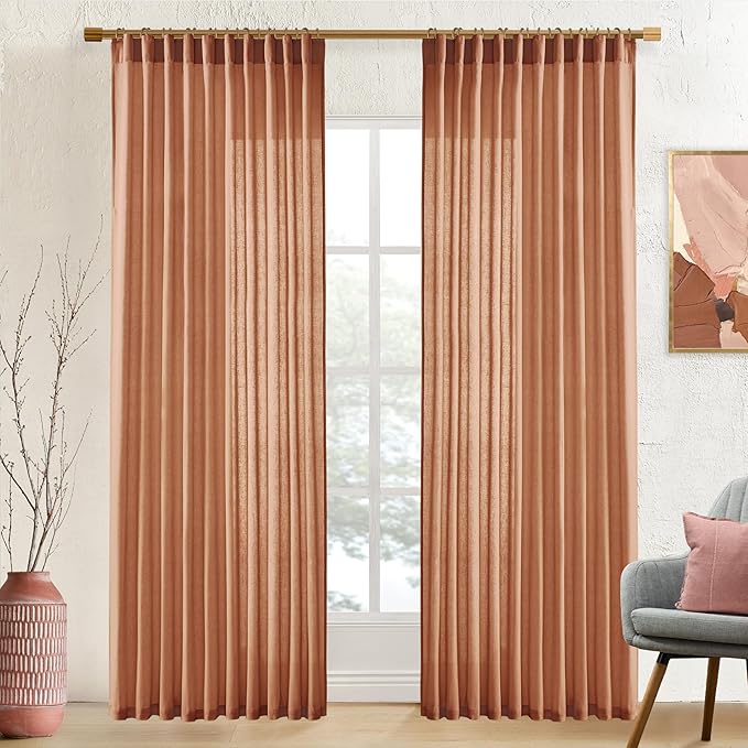 XTMYI 84 Inches Long Terracotta Country Curtains for Living Room,Sheer Linen Curtains for Bedroom 70 Inches Wide