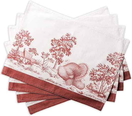 Maison d' Hermine Placemats Set of 4 100% Cotton Washable Cloth Place Mats, Reusable Table Mats for Kitchen Dining Decoration, Party, Wedding, Restaurant (Holy Jouy - Red, 13" x 19")