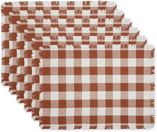 DII Heavyweight Fringed Check Tabletop Collection, Placemat Set, 13x19, Cinnamon, 6 Piece