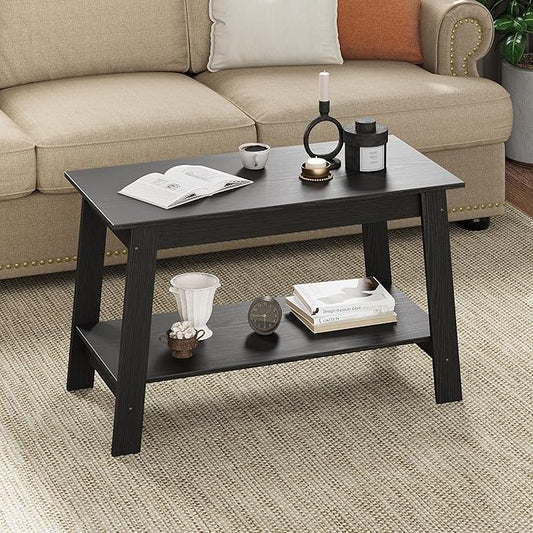 2-Tie Coffee Table, Rustic Wood Living Room Tables with Open Rectangular Storage Compartment, Coffee Tables for Living Room, Outdoors, Home Office, Bedroom, Black