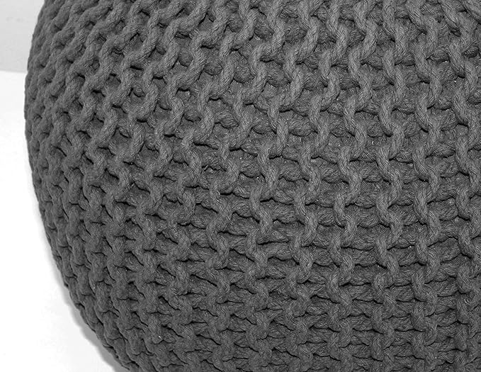 COTTON CRAFT Round Pouf - Hand Knitted Cotton Braid Cord Cable Dori Ottoman - Foot Stool - Floor Pouf Footrest Accent Seat Furniture Bean Bag - Living Room Kids Room Nursery Dorm Décor - 20x14 - Grey