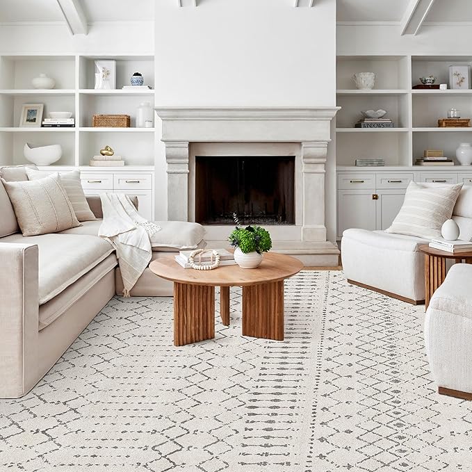 Extra Large Area Rug 10x14 Area Rugs for Living Room, Washable Rugs Moroccan Boho Farmhouse Rug with Non-Slip Backing, Soft Low Pile Floor Carpet Neutral Rug for Bedroom Dining Room, Off White/Grey