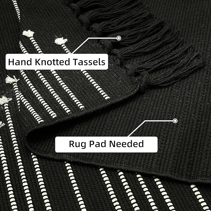 Tritard Boho Runner Rug 2x8 - Lightweight Washable Long Hallway Rug with Tassel, Thin Woven Farmhouse Kitchen Runner Rugs Cotton Aztec Indoor Carpet for Entryway, Laundry, Bathroom, Black and White