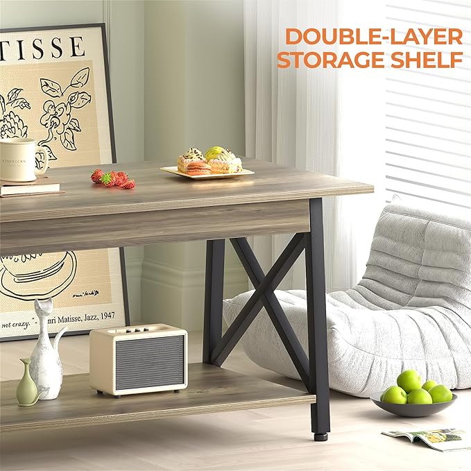 GreenForest Coffee Table with Storage, 39inch Modern 2-Tier Coffee Tables for Living Room, X-Frame Design Farmhouse Coffee Table Space Saving Living Room Small Tables, Easy Assembly, Grey Wash