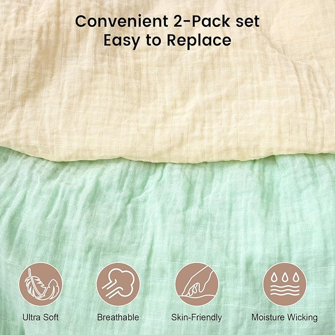 Muslin Mini Crib Sheets, 2 Pack Cotton Pack N Play Sheets for Boys Girls Neutral, Soft Breathable Baby Sheets Fit Pack N Play, Playard and Mini Crib Mattresses, Beige & Green