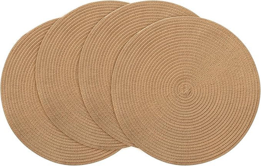 Floroom 15 Inch Round Braided Placemats Set of 4, Washable Heat Resistant Cotton Polyester Circle Place Mats for Kitchen Dining Table - Brown