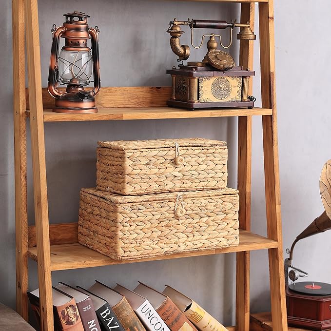Set of 2 Rectangular Wicker Storage Bins with Lid, Multipurpose Organizer Rattan Display Boxes for Shelf Organizer, Boho Wicker Box for Home Decoration