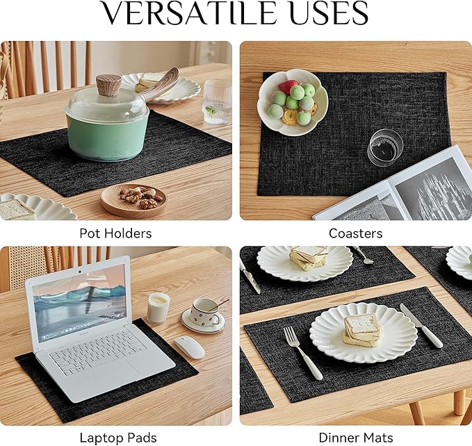 Softalker Faux Linen Placemats Set of 8-12 x 18 Inch, Heat Resistant Double Layered Durable Burlap Farmhouse Place Mats, Non-Slip Washable Rustic Table Mats for Dining, Kitchen, Party（Black