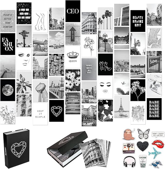 Artivo Black White Aesthetic Picture for Wall Collage 50 set 4x6, City Chic Wall Decor for Teen Girls, Aesthetic Posters, Black Collage Pictures, College Dorm Room Decor, Photo Collection