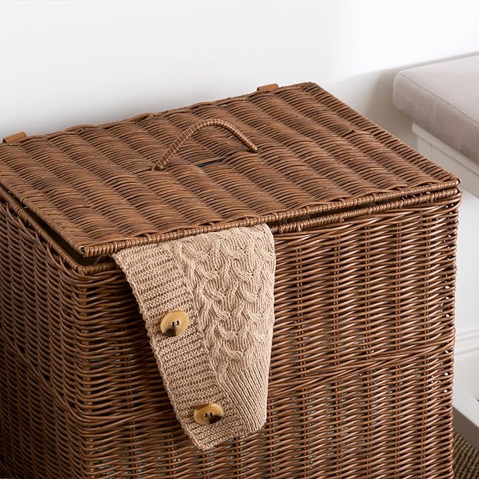 Joseph Rectangular Woven Laundry Hamper with Lid - Durable Resin Wicker Storage Basket for Clothes (Espresso Brown, 17.3x13.8x23.6 in)