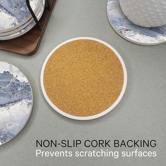Emerson Essentials Coasters for Drinks Absorbent with Holder, Set of 6, Cork Bottom Ceramic Stone Marble Style for Wooden Coffee Bar Tables, Glass Tabletop Non Slip, Natural Stone