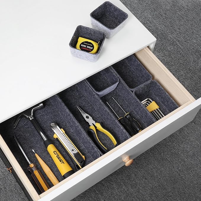 Welaxy desk drawer organizer tray shallow felt storage bin for office suppliers makeup pen keys craft brush decluttering 8-piece sleek minimalist lifestyle gift for men (Charcoal)