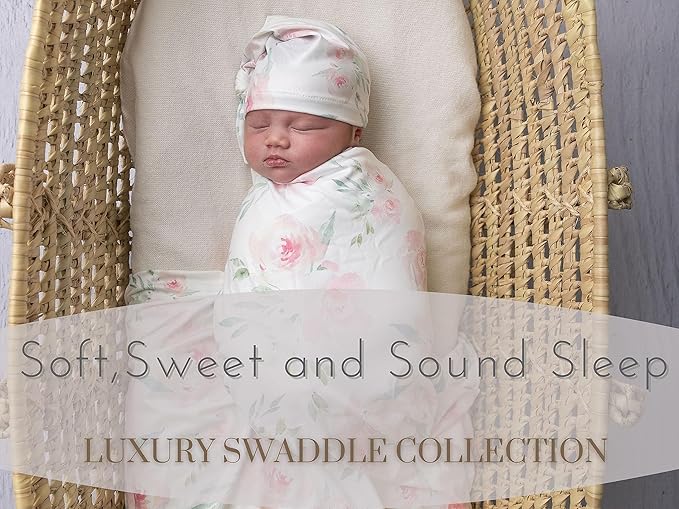 Baby Receiving Blanket Swaddle Blanket Newborn Wrap Swaddle Headband Set -Bloom Flower Pattern (Pink 3)