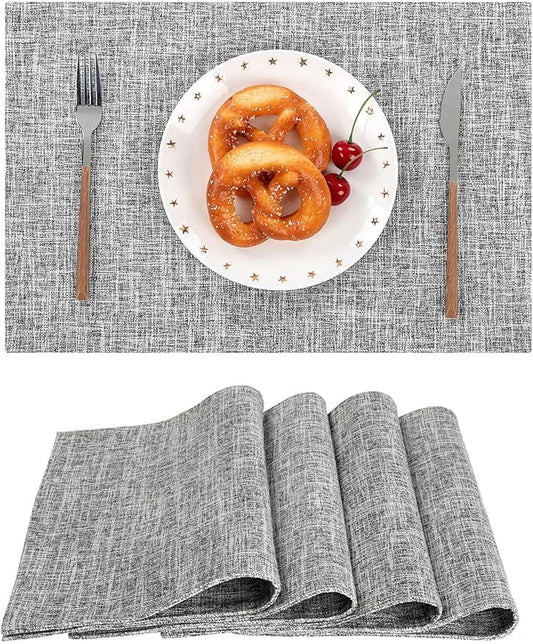 SHACOS Fabric Placemats Set of 4 Washable Heat Resistant Double Layer Thick Table Mats Non Slip Cloth Place Mats Indoor Outdoor, Light Grey White
