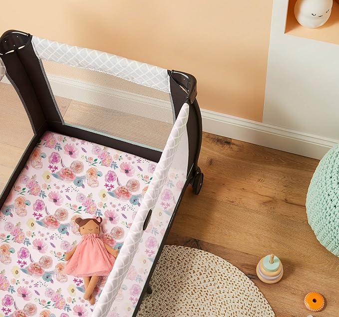 TotAha Premium Stretchy Pack N Play Playard Sheets | Mini Crib Sheets (2-Pack) -Hypoallergenic, Silky Comfort, Buttery Soft, Calming Effect, All-Season Jersey-Knit (Colorful Flora & Blue Flowers)