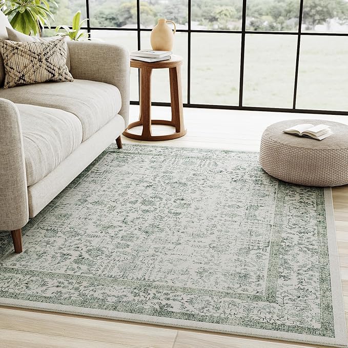 Dark Green Area Rug 4x6 Office Entryway Rug Machine Washable Kitchen Vintage Distressed Non Slip Carpet Indoor Retro Floral Accent Throw Door Mat for Bathroom Bedroom Dining Living Room