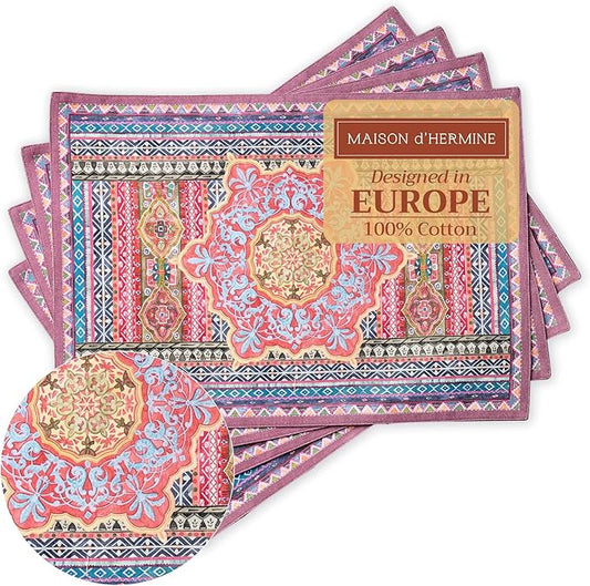 Maison d' Hermine Placemats Set of 4 100% Cotton Washable Cloth Place Mats, Reusable Table Mats for Kitchen Dining Decoration, Party, Wedding, Restaurant (Ispahan, 13" x 19")