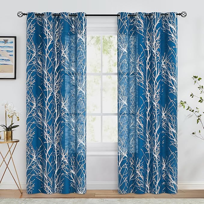 FMFUNCTEX Linen Semi Sheer Curtains for Bedroom, Silver Foil Curtains 84 Inches Long for Living Room, Silver Metallic Print Navy Blue Tree Panel for Windows, Light Filtering Curtains Grommet 2 Panels