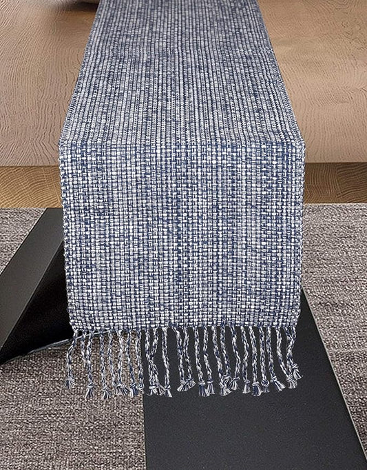 Urban Villa Two Tone Table Decor - 14x72 Blue/White w/Fringes - Cotton Table Runner for Dining, Kitchen, Everyday Use