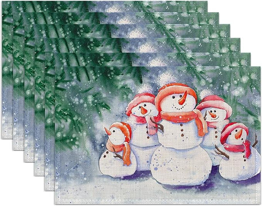 Christmas Placemats Set of 6,Washable Heat Resistant 12×18 Inch Linen Table Mats Snowmen Place Mats for Party Outdoor Dining Décor