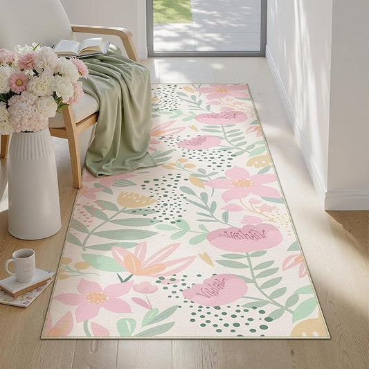 Floral Runner Rug 2x6 Washable Hallway Pink Bedroom Non Slip Cute Long Kitchen Carpet Botanical Indoor Soft Accent Rug for Bathroom Dining Laundry Living Room
